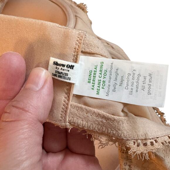 Aerie Show Off Rosey Lace Strapless Push Up Bra 38 B NWOT Removable Straps Nude - Picture 9 of 11